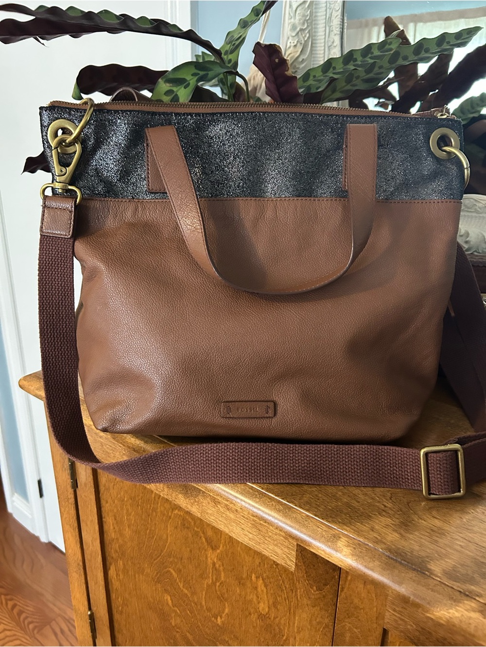 NWOT Fossil Keely Leather Convertible Tote Bag, Crossbody in Brown & Metallic